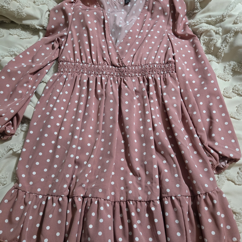 SHEIN Mauve Pink Polka Dot Long Sleeve Smocked Waist Dress